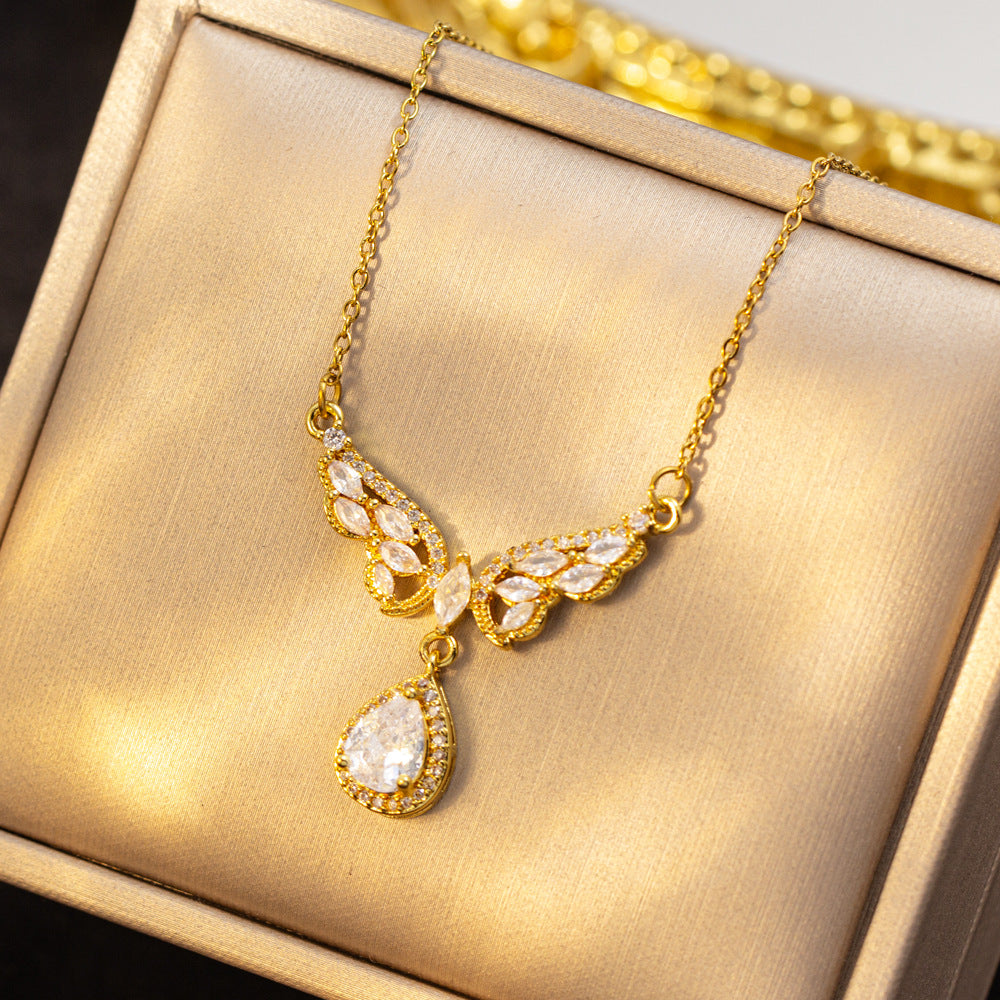[titanium steel] japanese and korean popular diamond-filled wings water drop necklace for women, high-end light luxury exquisite sweater chain jewelry