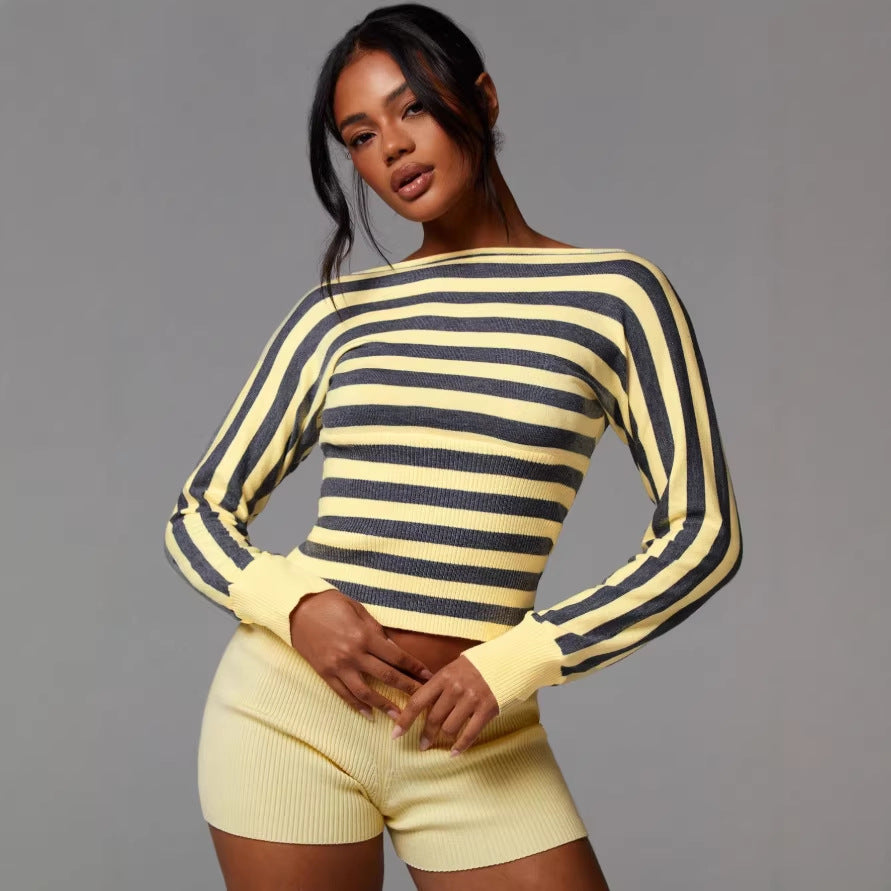 european and american cross-border knitted striped cropped long sleeve top - sexy cropped sweater
