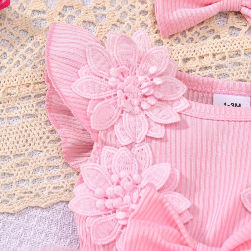 Baby girl party outfit cute ribbed knit & mesh romper with headband set