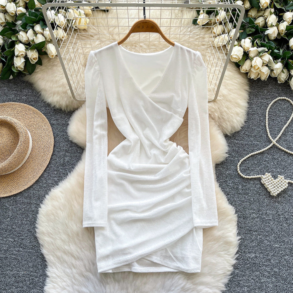 Exportelegantv neck velvet long sleevesdress women's spring & fallelegant cross waist elastic slimming look hip-covering short skirt