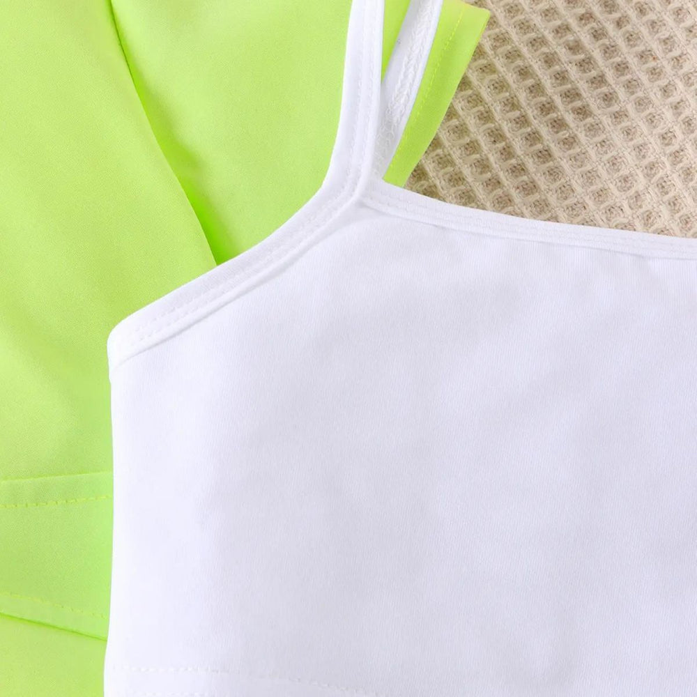 Girls' fashion collared neon outfit - 3-piece set: cami top + collared blouse + skirt set