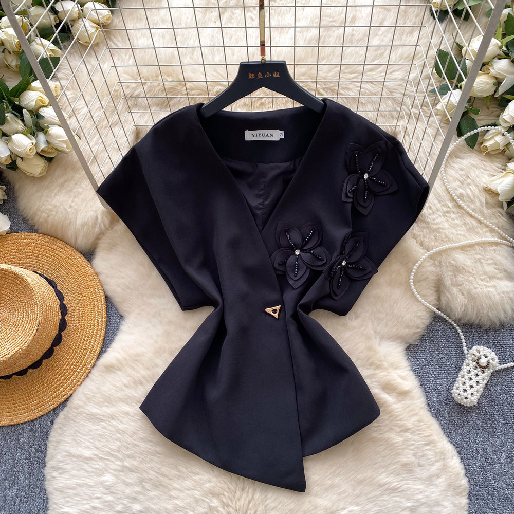 Korean style commute v-neck short sleeve loose shirt women's summer 3d floral embellished design cardigan top