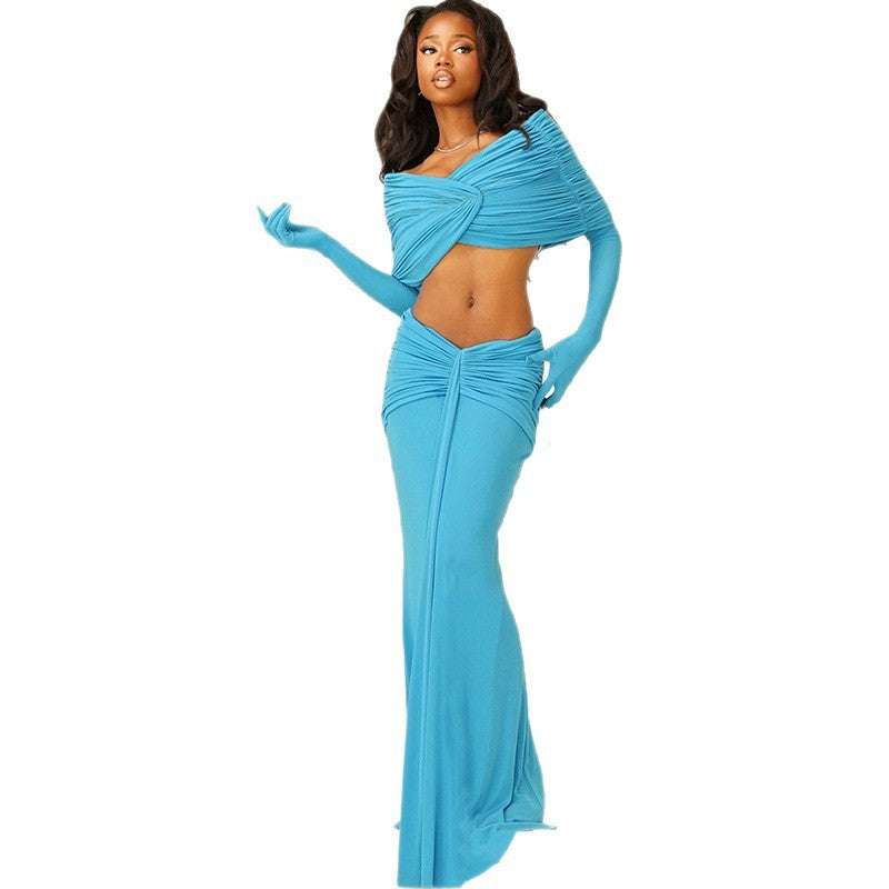 Exportfashion style women's clothing autumnew arrivalfashion pleated sexycrop top ribbon long skirt suit