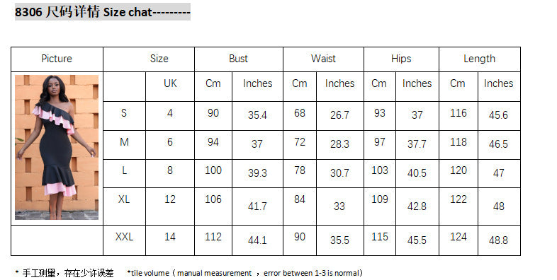 Export african european and american women's clothing rufflesdresselegance diagonal contrast color shoulder silm mermaid dress special price