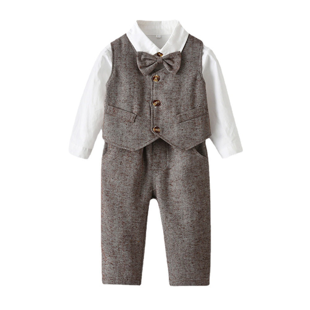 Spring boys' vest gentleman's suit new children's set long sleeve white shirt overalls runway birthday performance outfit