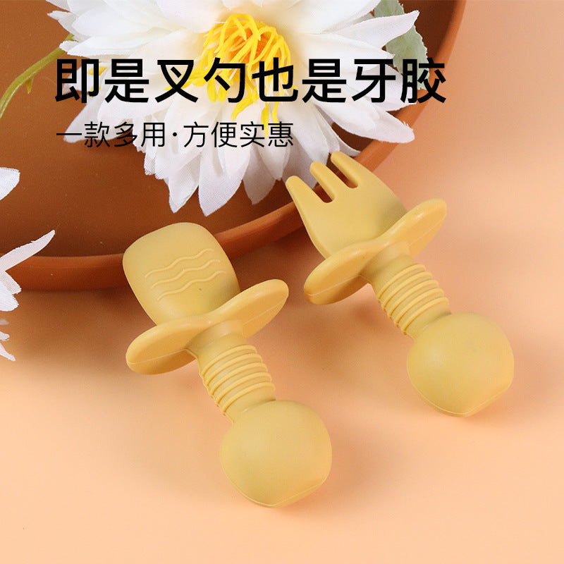 Food grade silicone fork and spoon baby learning to eat training licking spoon short handle silicone complementary food spoon mini baby soft spoon