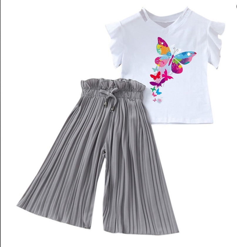 summer new arrivals: girls' letter print flutter sleeve top & wide-leg pants two-piece set (sizes 4-14y)