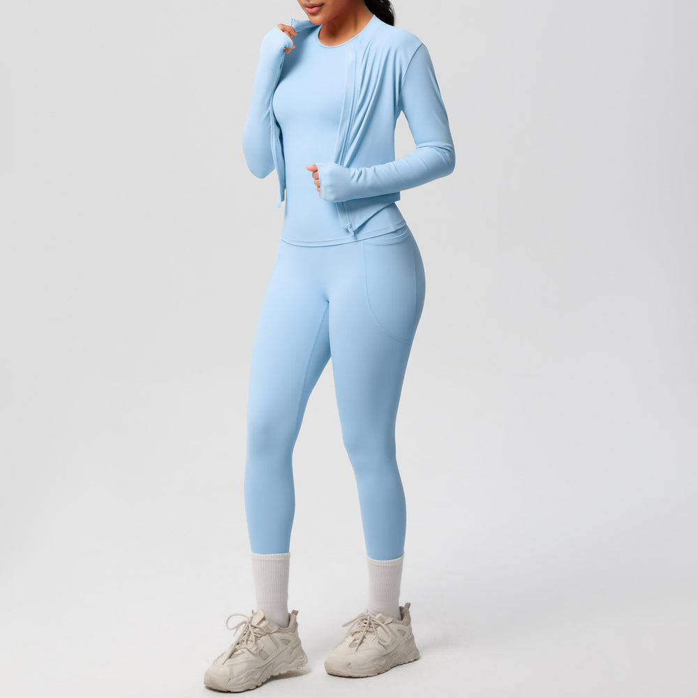 European and american new cloud-feel brushed short-sleeve activewear set: zip-up jacket, casual running top, and butt-lifting yoga leggings - women's 3-piece set