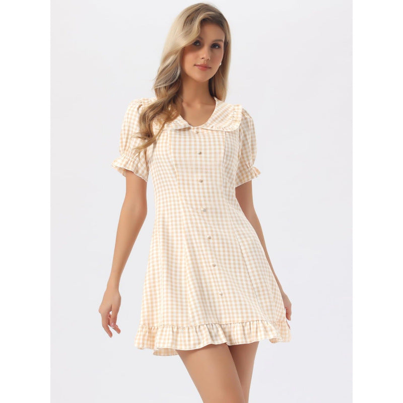 Amazon european and american plaid wood ear dress for women  summer new style puff sleeve doll collar skirt
