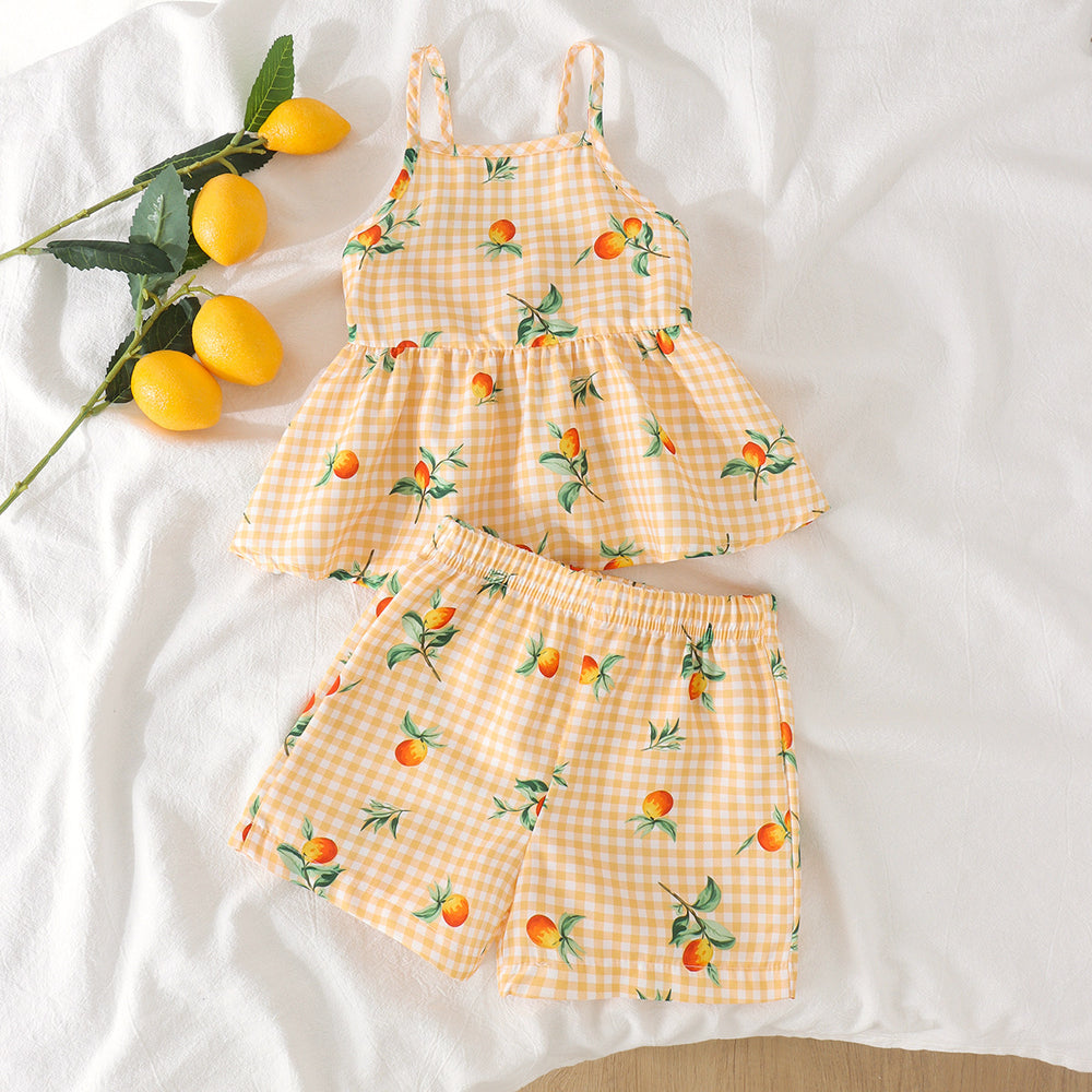 Children's clothing cross-border european and american girls yellow suspender tops+shortstwo-piece set children's clothing