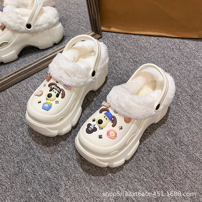 2024 cartoon cotton slippers for girls, new autumn/winter thick-soled, height-increasing, non-slip, two-wear style, fleece-lined warm fuzzy clogs