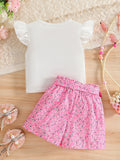 girls' summer outfit: white flutter sleeve short-sleeve top with heart and floral print patchwork shorts, includes belt - two-piece set for kids