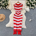 Goddess style elegantsilm round neck sleeveless color block stripesknittingdress women's summer tight hip tassel skirt
