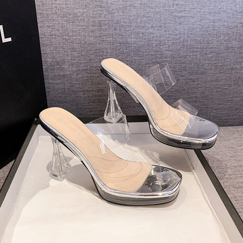 High-heel sandals classy one-strap new arrival transparent high heels thick heel crystal wedding shoes banquet fashion slippers for women