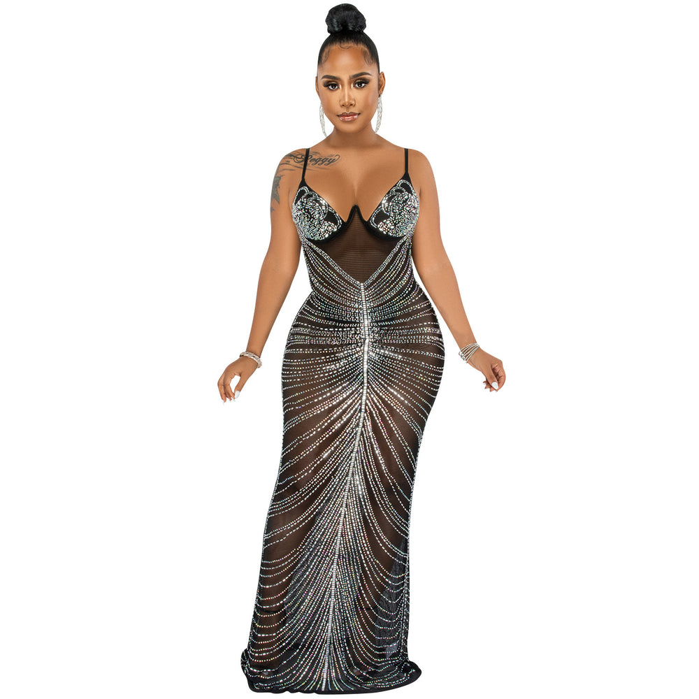 X5618   fashion new hot diamond sexy suspender chest wrap mesh see-through long skirt dress