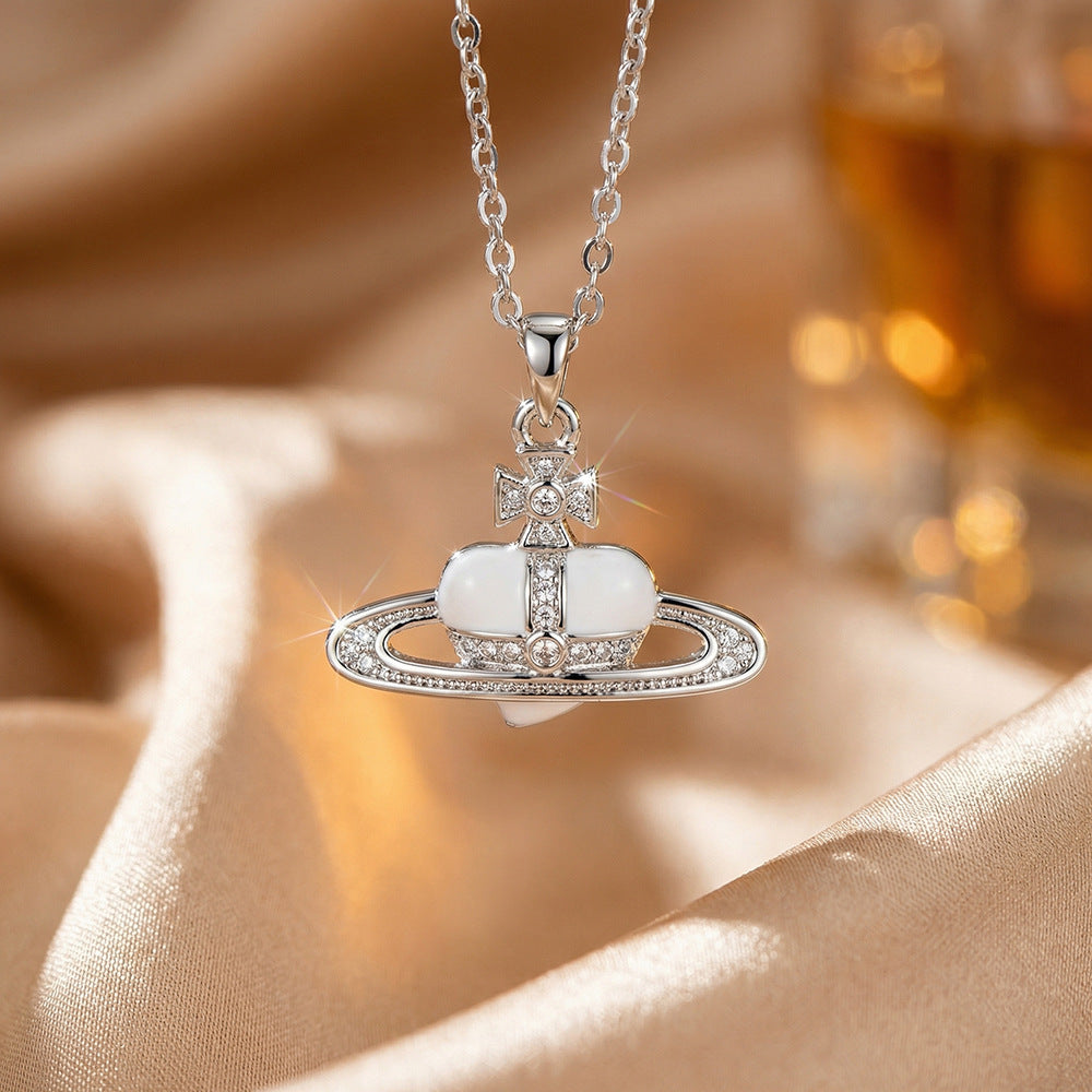 Fashionbest selling copper inlaid zirconium oil drop western queen mother saturn necklace women's accessible luxury niche styleeasiest for matchelegant collarbone chain jewelry