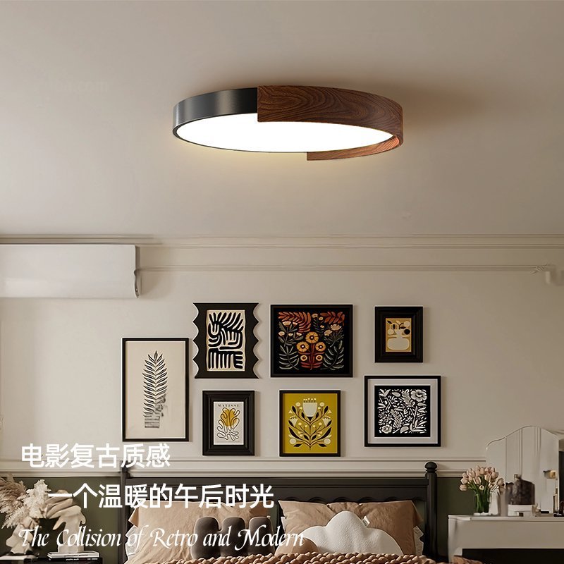 Wabi sandy wind walnut color bedroom ceiling light retro eye protection master bedroom room lamp round medieval study light