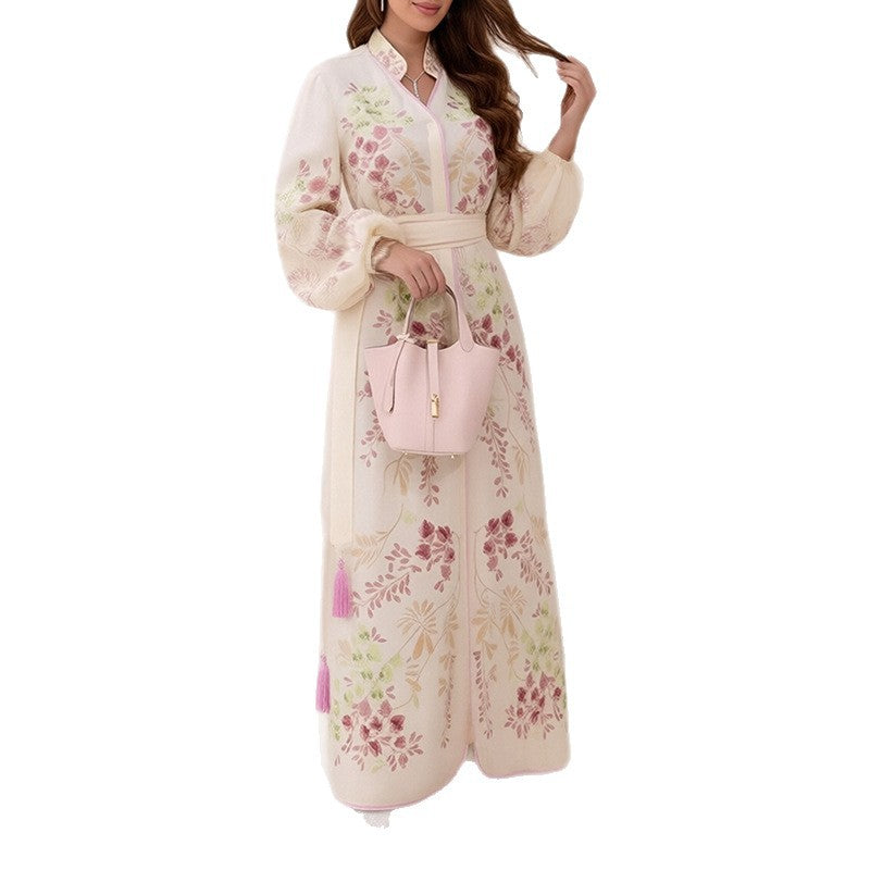fashionexport women's clothing summernew arrival fashioneleganceprinting waist tie back tassel dress long skirt