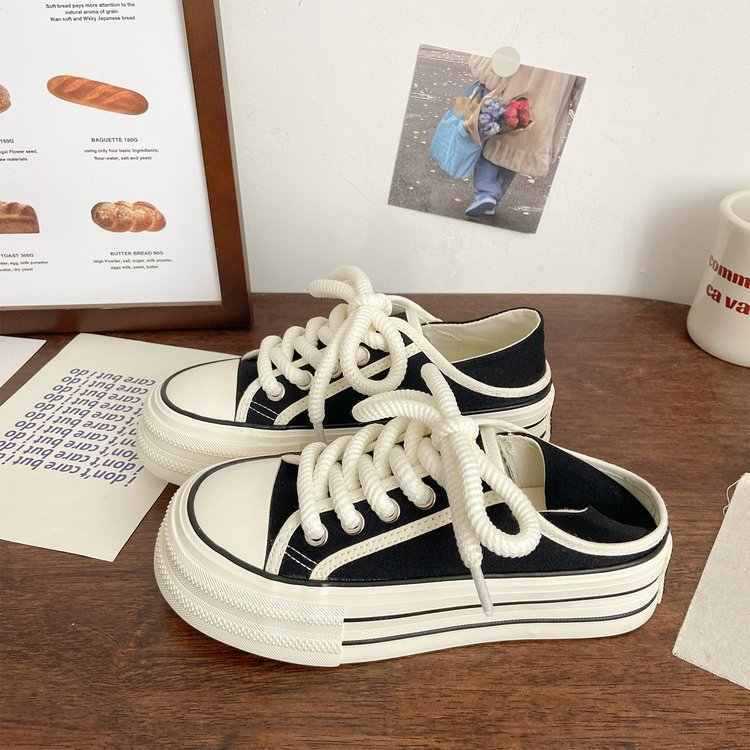帆布鞋厚底两穿女夏季薄款百搭复古懒人一脚蹬潮流小白鞋子独立站