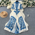 French court style printed dress - women's summer pleated stand collar slimming design, exquisite and stunning maxi dress