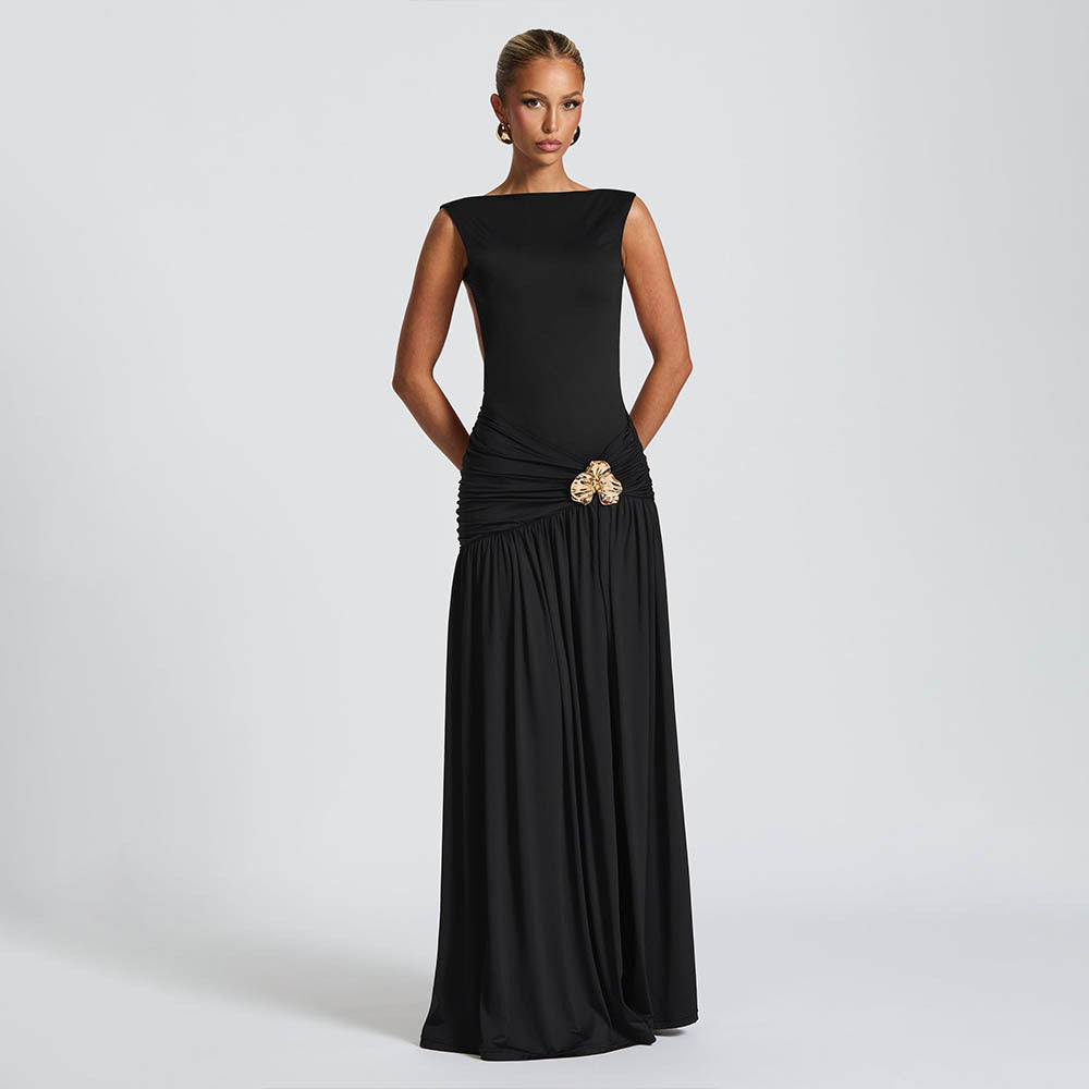 fashion spring/summer new arrival: sleeveless, backless, pleated, and patchwork sexy bodycon dress with elegant ribbon detail