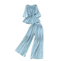 spring two-piece set for women: ruched v-neck tie-waist lantern sleeve top + high-waisted pleated wide-leg cropped pants