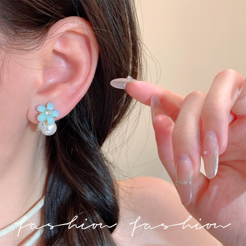 S925 sterling silver needle iced blue floral pearl stud earrings - elegant, chic, and trendy earrings for women