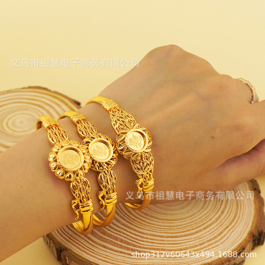 Trendy bohemian gold-plated copper bangle with open-end design - a high-end, luxurious bracelet perfect as a bridal gift