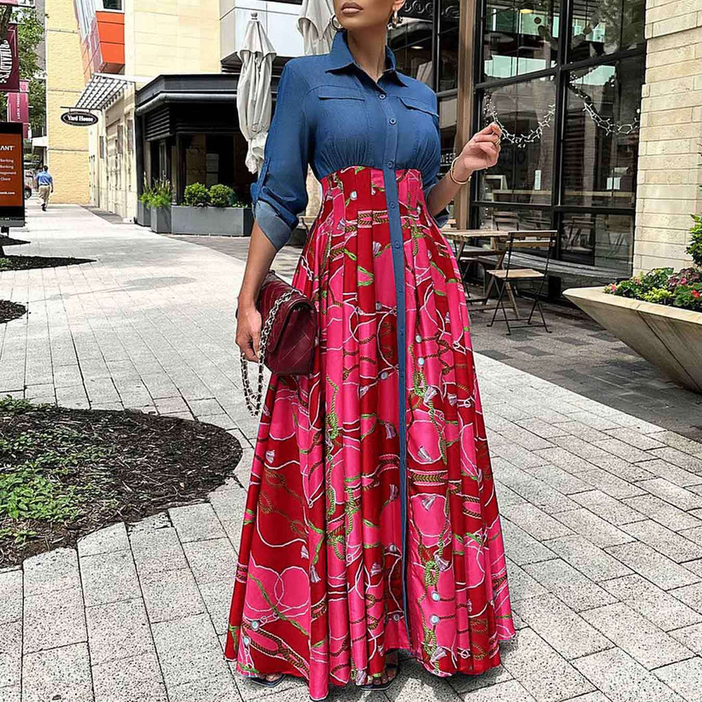 C8551 autumn/winter new plus size women's fashion casual denim patchwork print maxi dress - export quality