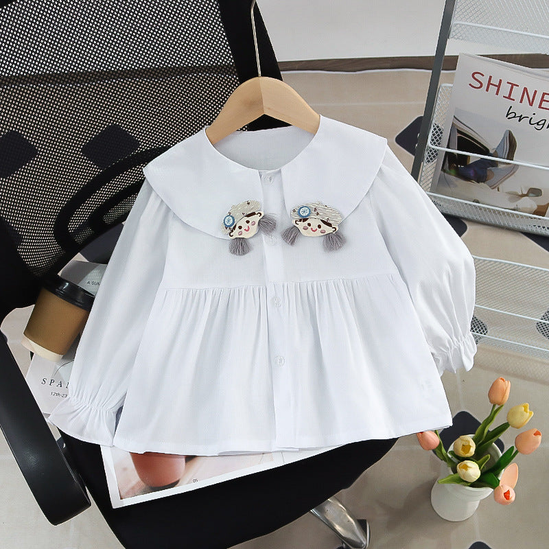 Girls' spring long-sleeve new style fashionable children's clothes baby doll shirt trendy kids' wear turn-down collar for girls