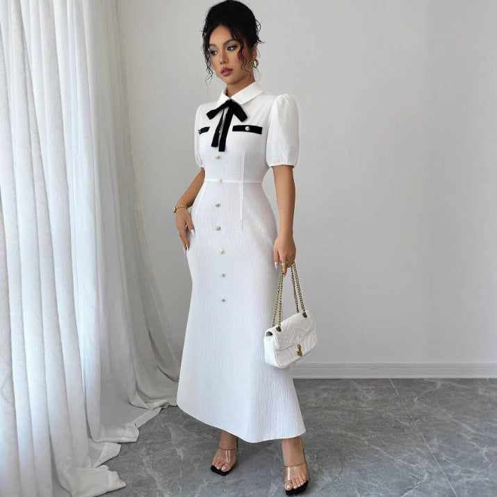 Pre-sale yang zi's same style shirt dress pleated classybowslong sleeves skirt waist long skirt