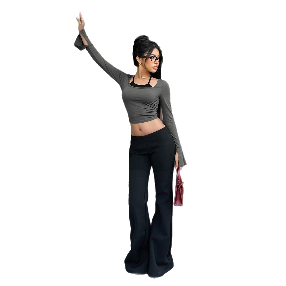 new cross-border halter neck long sleeve women's top - square neck flare sleeve cropped slim fit american style t-shirt for women