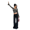 new cross-border halter neck long sleeve women's top - square neck flare sleeve cropped slim fit american style t-shirt for women