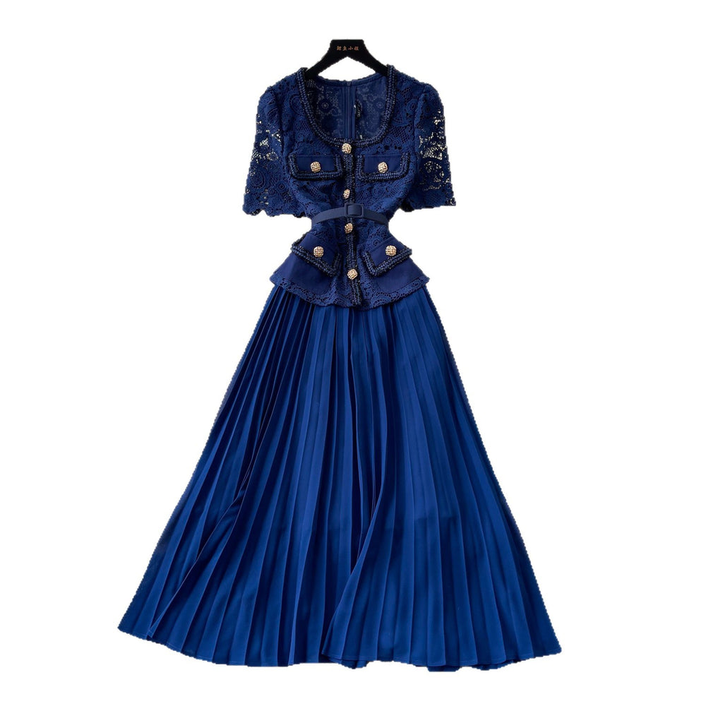 Elegant red lace short-sleeve patchwork dress - women's summer high-end commute style with pleated skirt