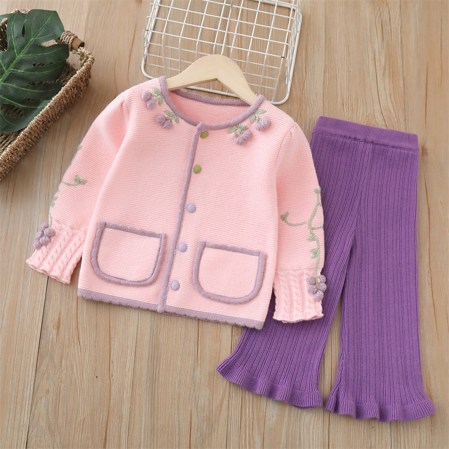 Girls' knitted sweater two-piece set -  autumn/winter new collection - handmade floral pants set for baby girls