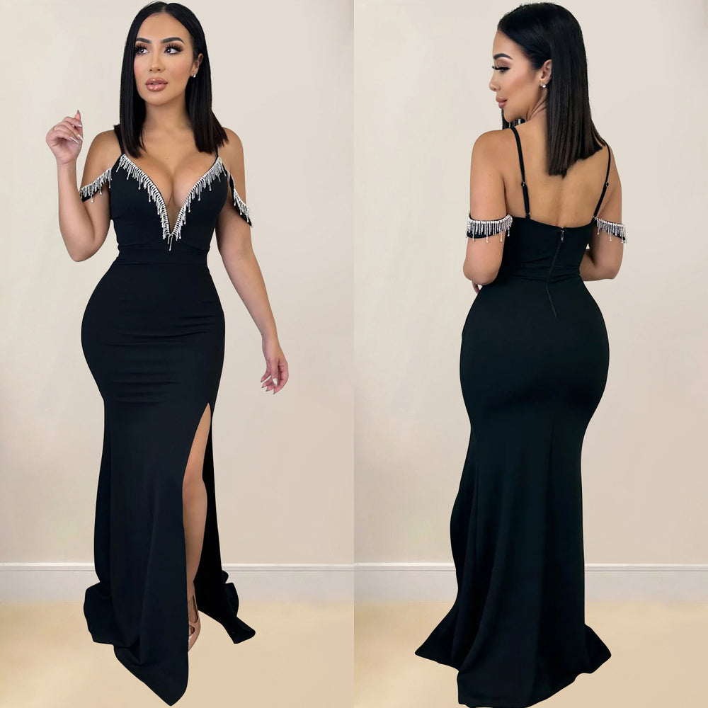 C6771 cross-border   fashion women's solid color tassel strap maxi dress