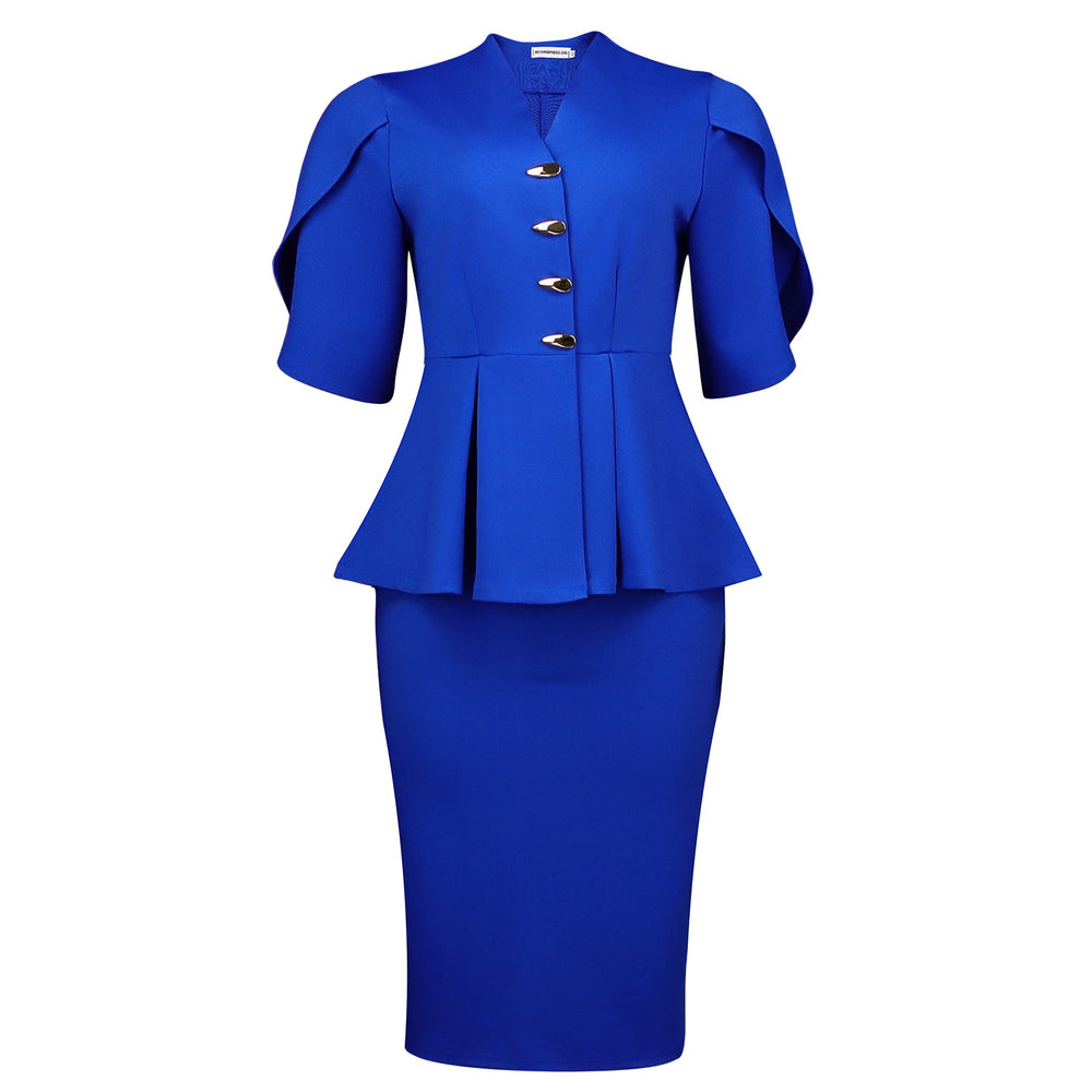 C8660 women's foreign trade clothing  new short-sleeve elegant ruffle hem bodycon slit solid color cross-border fashion set