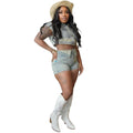 European and american style women's denim set - cross-border women's casual washed color block short sleeve top with rolled hem high-waisted jeans