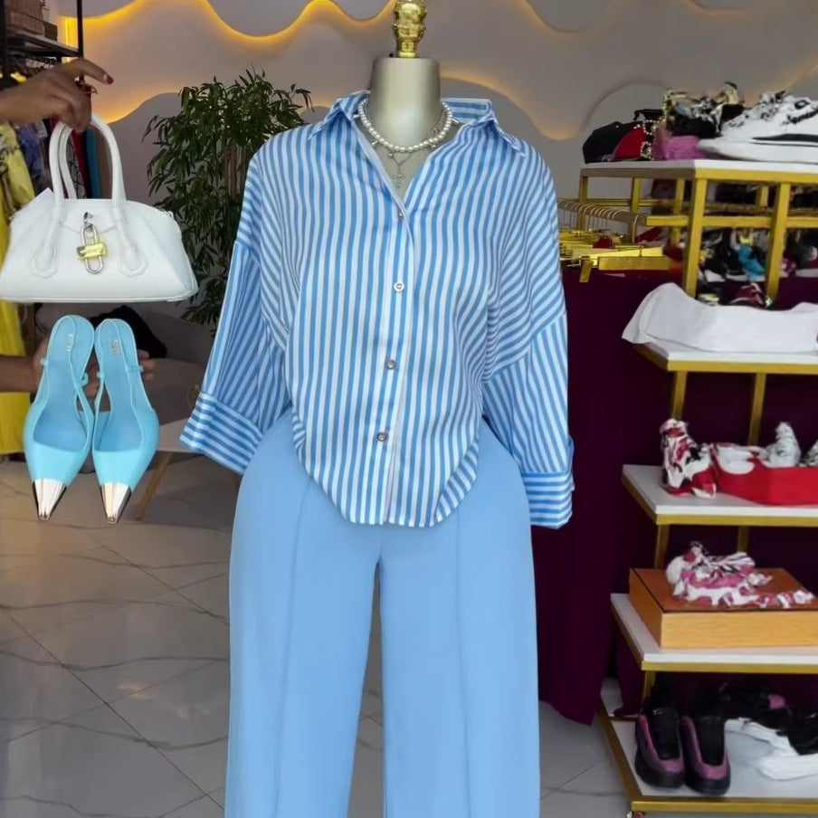 European and american cross-border women's clothing  summer new arrival: elegant casual striped loose-fit shirt and wide-leg pants fashion set