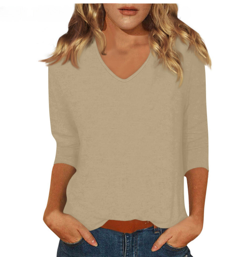 cross-border  women's everyday versatile casual v-neck solid color three-quarter sleeve t-shirt top