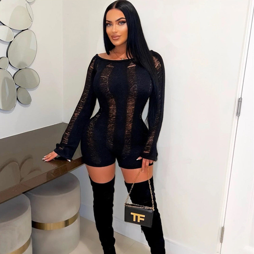 European and american cross-border women's fashion:  new streetwear sexy hot girl distressed off-the-shoulder slim-fit backless jumpsuit