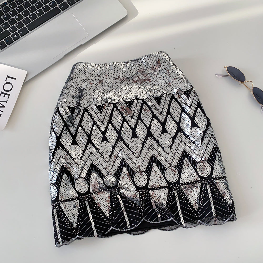 Influencer-approved, instagram-worthy women's autumn skirt: chanel-inspired, fashion-forward, meticulously crafted with heavy-duty sequin embroidery, high-waisted, slimming a-line pencil skirt