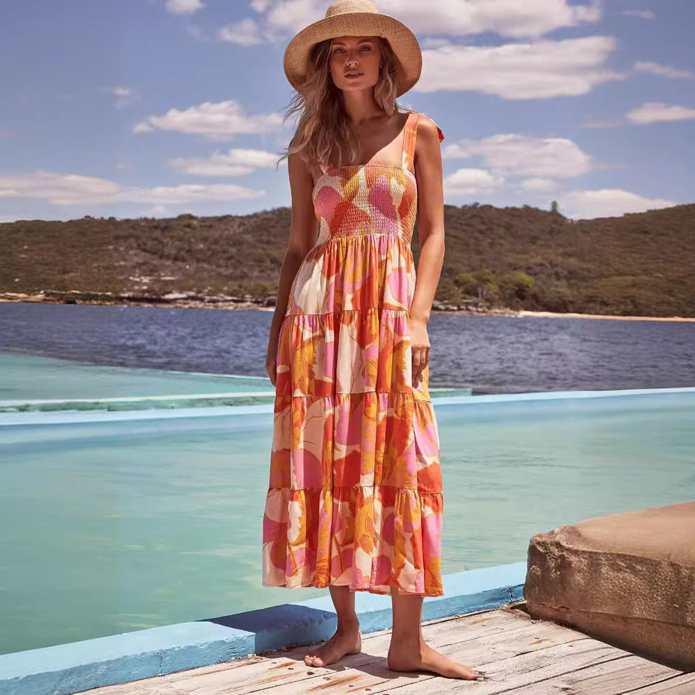 cross-border fashion summer women's  commuter sleeveless spicy girl print long slip dress