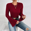 hot-selling round neck flare sleeve burgundy t-shirt - chic, versatile, and a tiktok sensation for work and casual wear