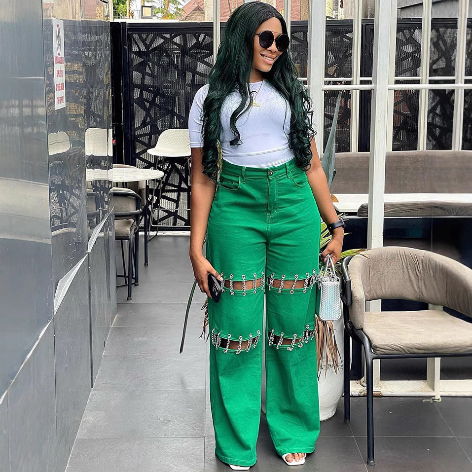 European and american style high-waisted jeans -  cross-border women's fashion  new collection - patchwork casual distressed chain detail pants