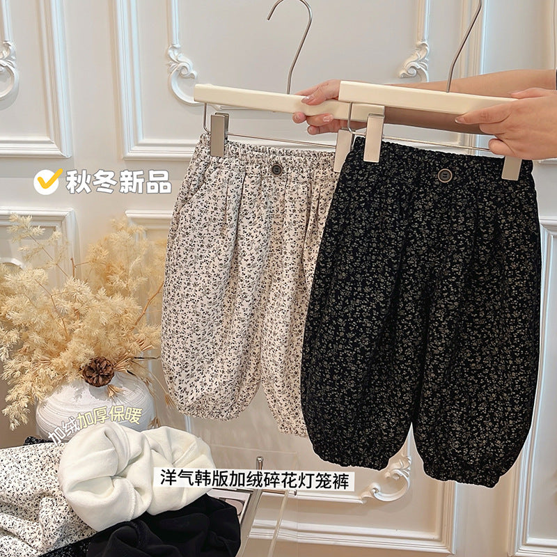 Girls' fall/winter fleece-lined floral bloomer pants, korean style baby girl outerwear, casual chic long pants, trendy children's clothing