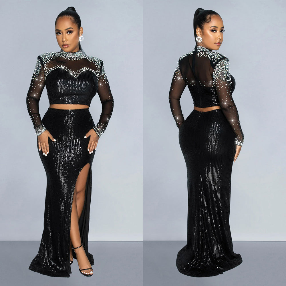 C6810 cross-border   fashion women's round neck mesh sequin long sleeve maxi dress two-piece set