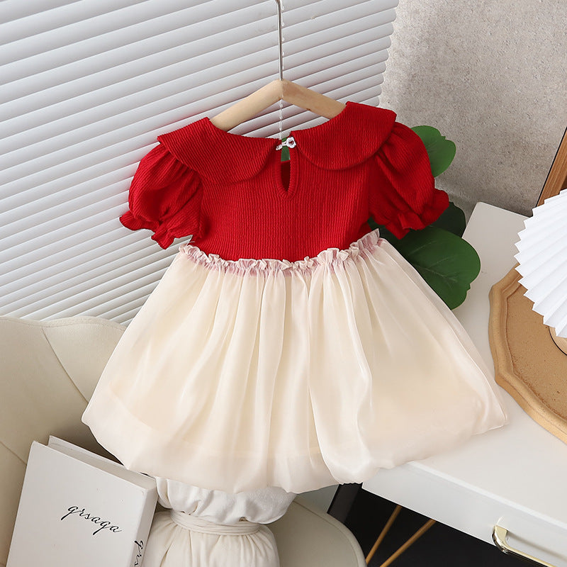 Girls' dress  summer new arrival: doll collar, bowknot, bear design, korean style, lightweight short-sleeve cotton dress for children
