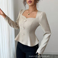 European and american  summer square neck puff sleeve waist top pearl button silmruffle hem shirt