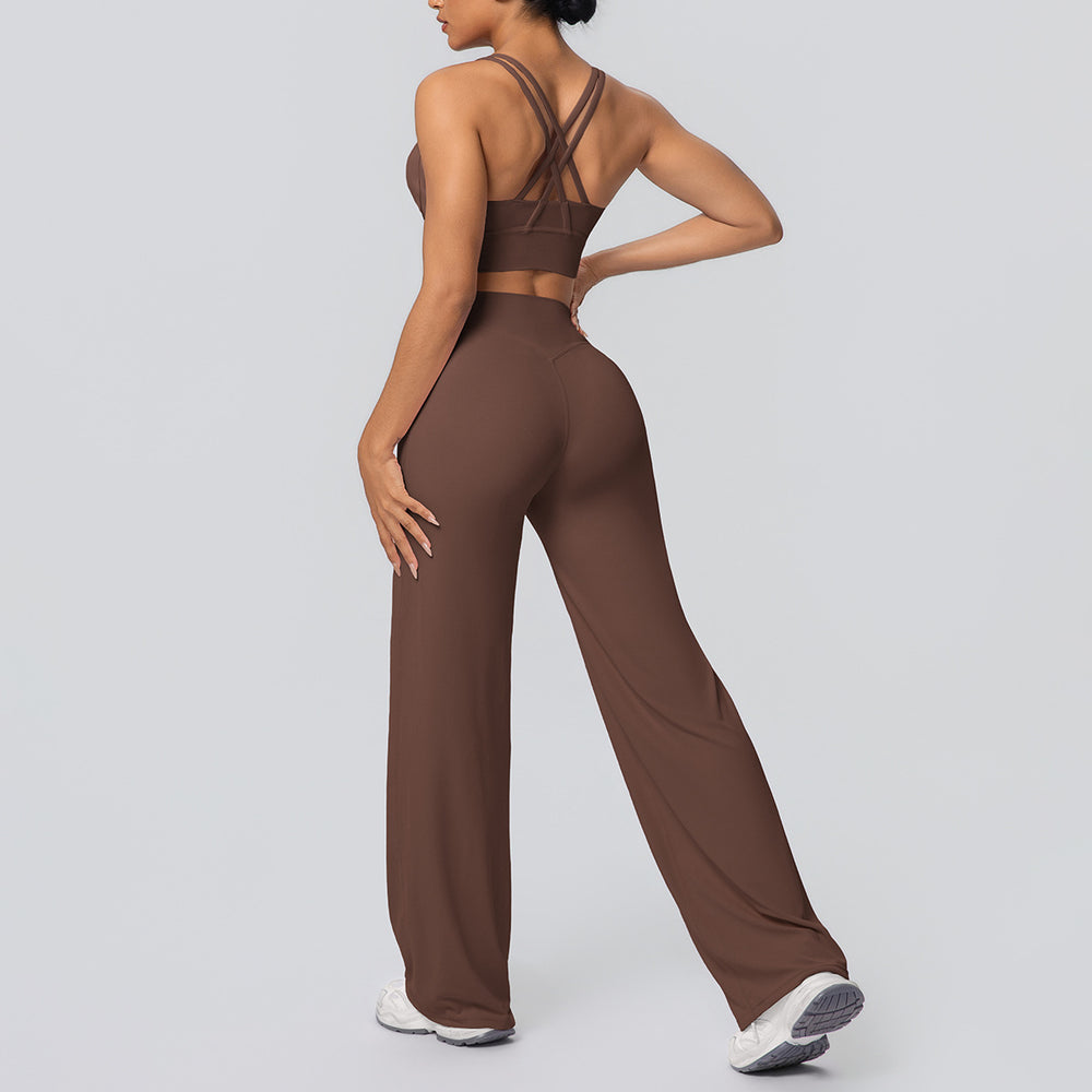 Fashion cross-border nude cross-back bra casual sports hip lifting loose pants fitness yoga wear two-piece set for women